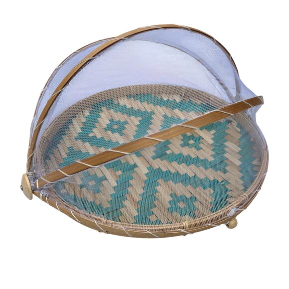 Hand Woven Bamboo Food Serving Tent w/Mesh Cover Teal Aztec - Picture 8 of 8
